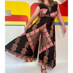 1960s vintage paisley palazzo jumpsuit sz m paisley pink and black